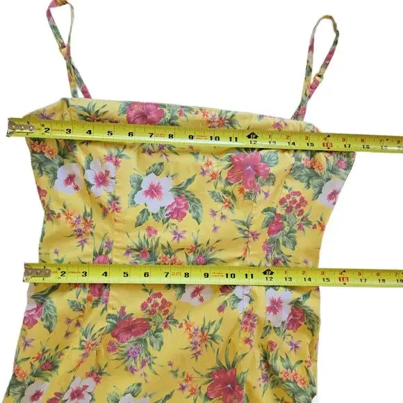 Vtg 90s Y2K RALPH Lauren Hawaiian Floral Strapless Dress Yellow Pinup Fit Med - Picture 9 of 10